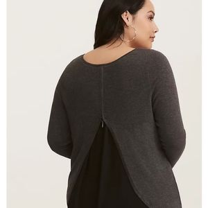 Torrid grey and black chiffon inset zipper back sweater